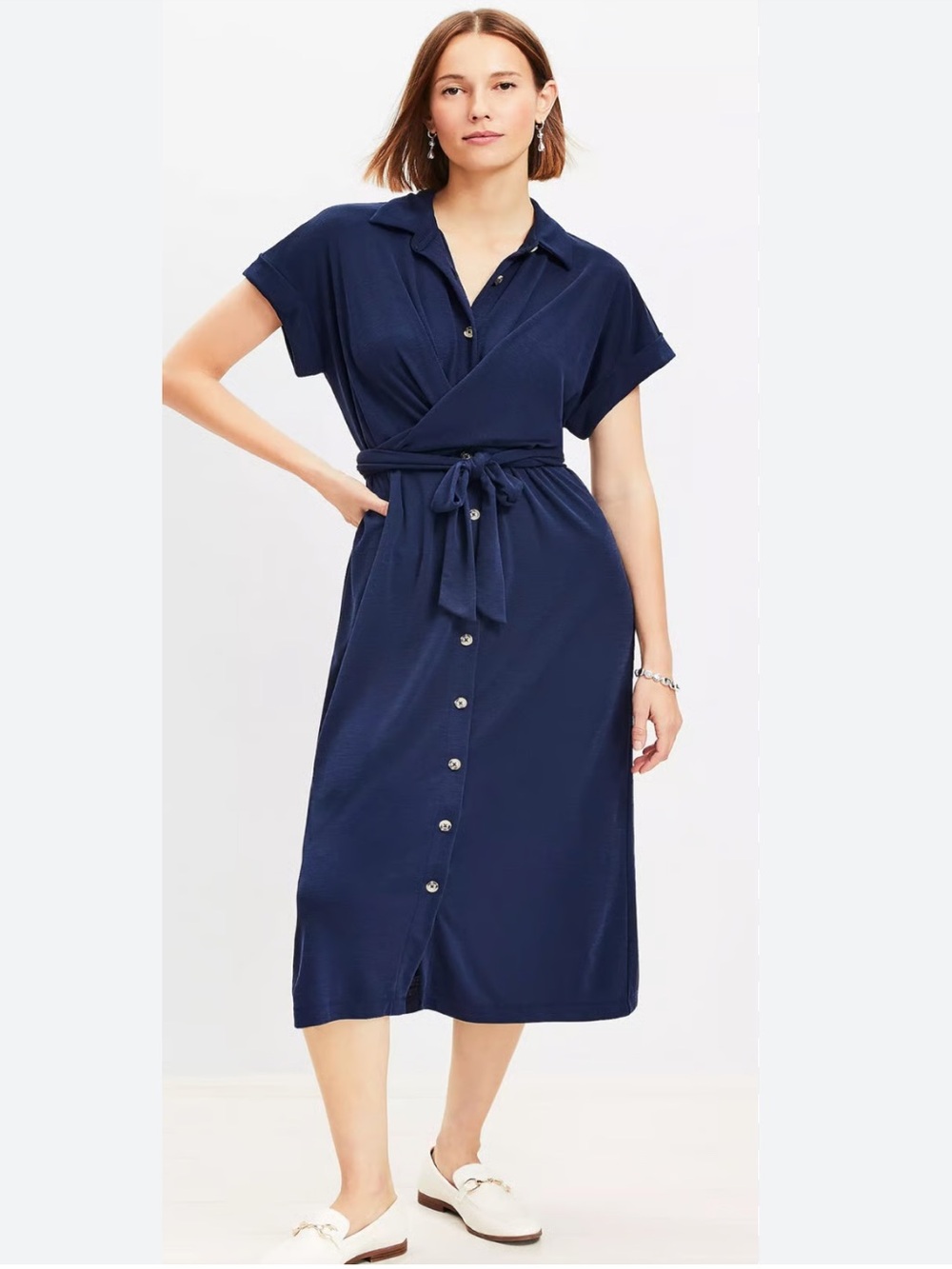 LOFT Tie Front Midi Shirtdress Navy Modal Blend Button Front Size 10